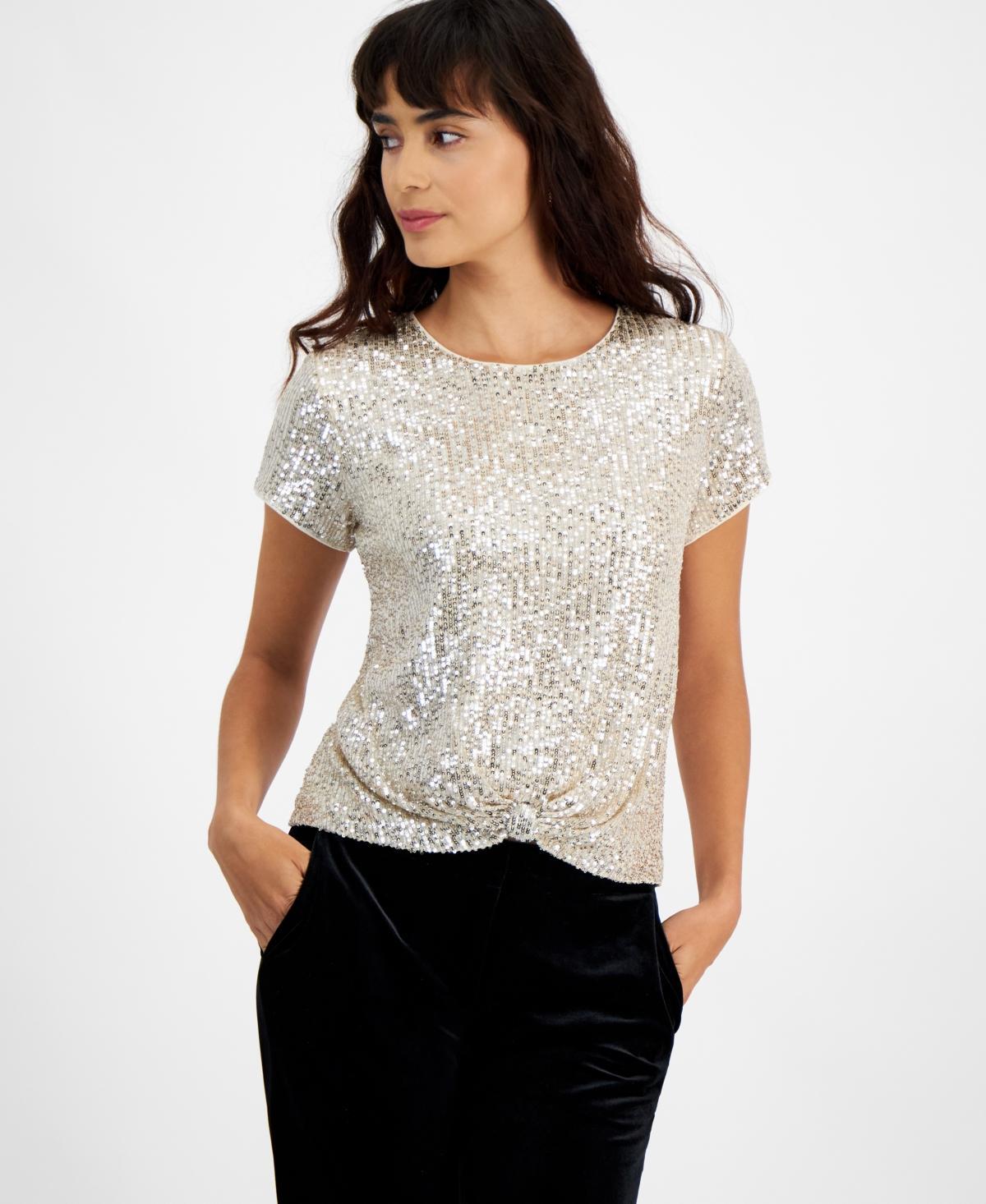 Bar Iii Womens Sequin Short-Sleeve Knot-Hem Top, Created for Macys Product Image