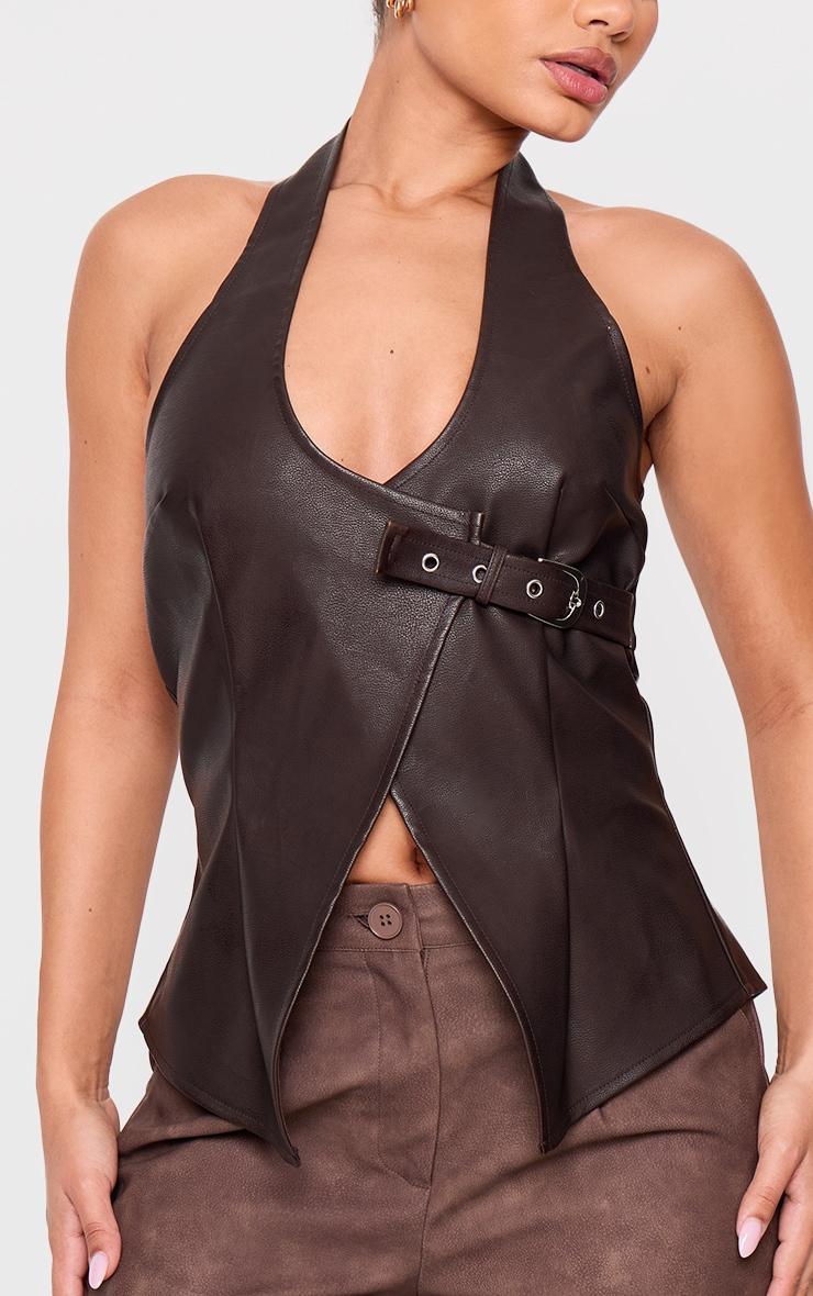 Petite Chocolate Faux Leather Buckle Detail Long Top Product Image