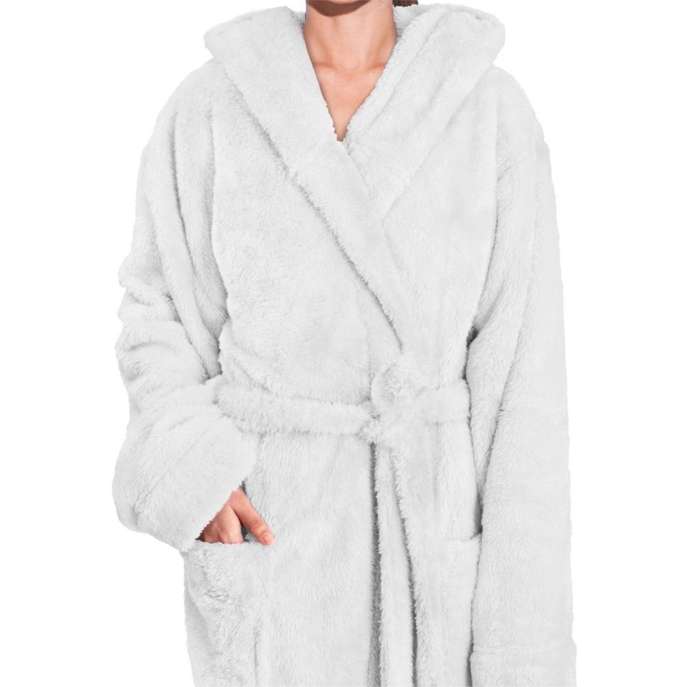 PAVILIA Women Hooded Plush Soft Robe, Fluffy Warm Fleece Faux Shearling Shaggy Bathrobe (White, Small-Medium) Product Image