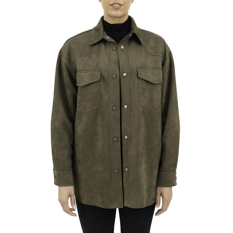 Womens Fleet Street Faux-Suede Shacket Dark Green Product Image