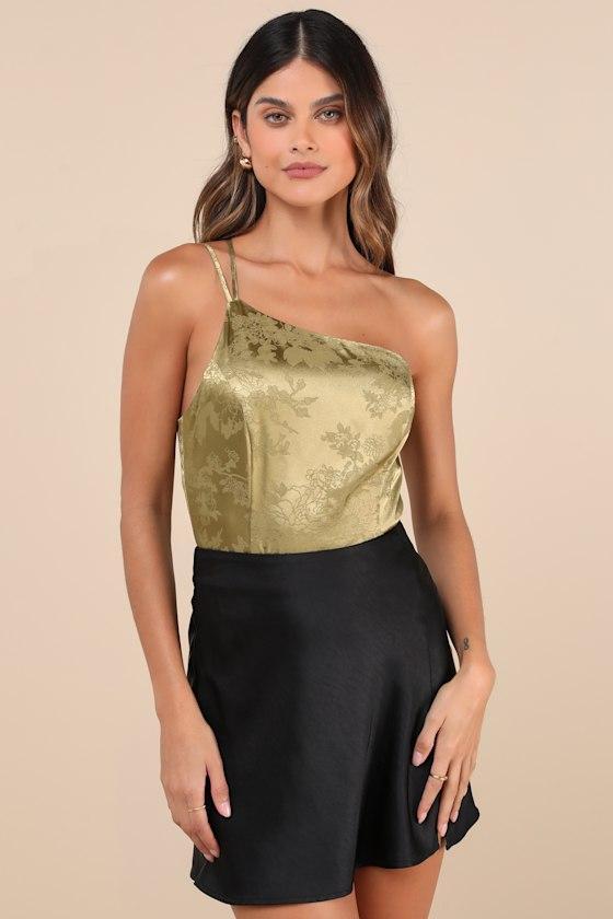 Desirable Dream Olive Satin Jacquard One-Shoulder Bodysuit Product Image