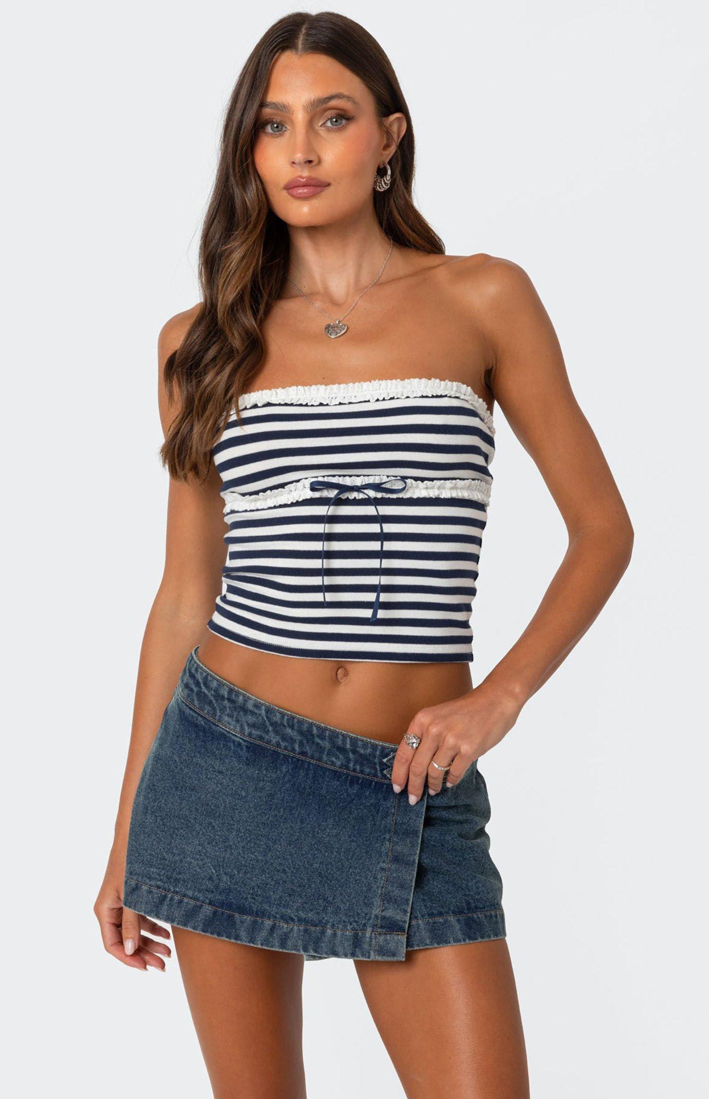 Edikted Women's Striped Eyelet Trim Tube Top in Navy/White - Product Image