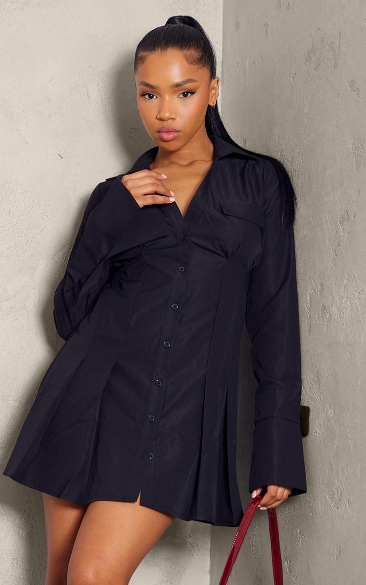 Black Cotton Poplin Pleated Flared Sleeve Shirt Dress Product Image