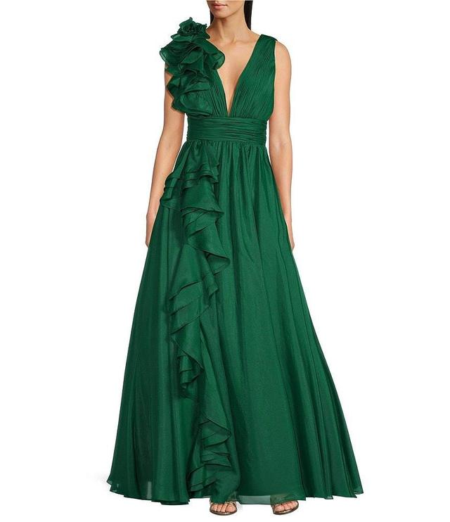 Mac Duggal Deep V-Neck Sleeveless Ruffled Shoulder Ball Gown Product Image