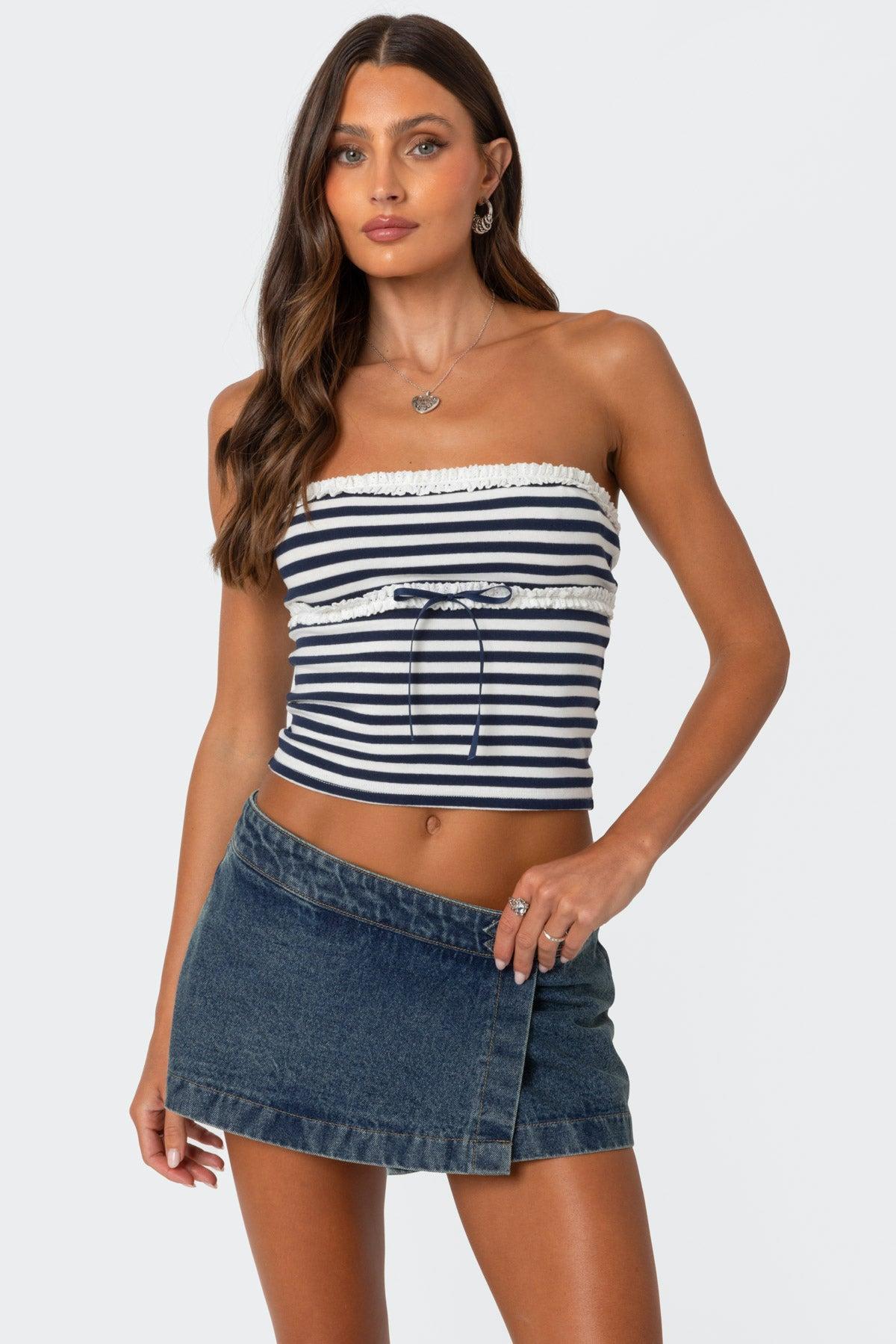 Striped Eyelet Trim Tube Top Product Image