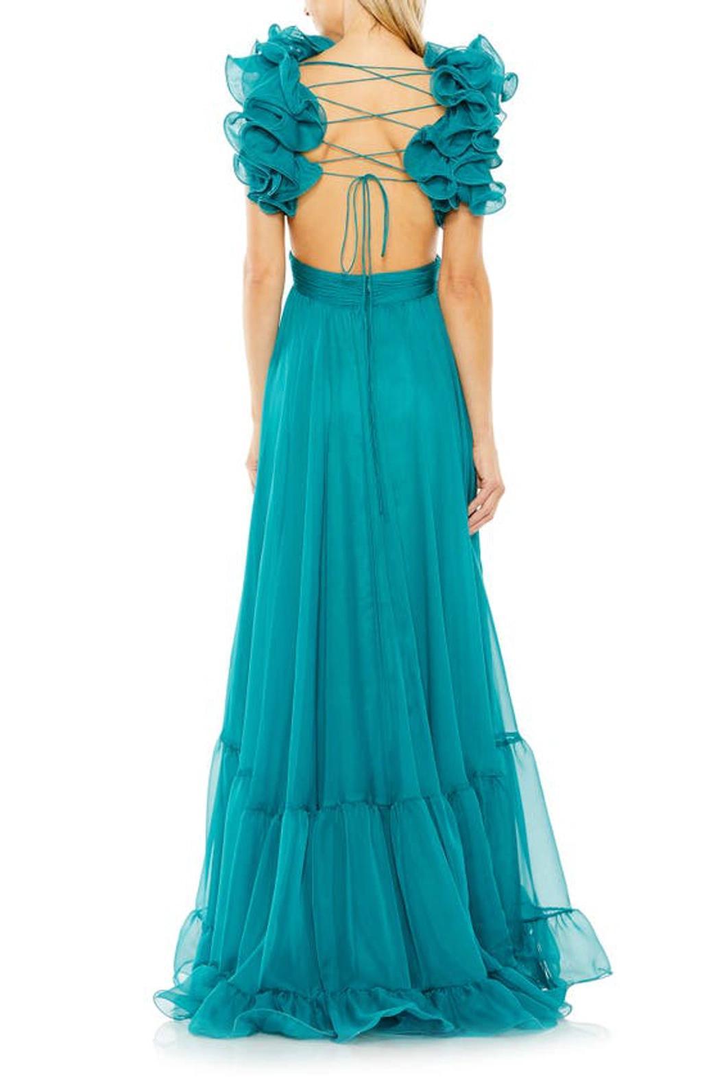 Women's Ieena Ruffle Tiered Cut-out Chiffon Gown In Turquoise Product Image