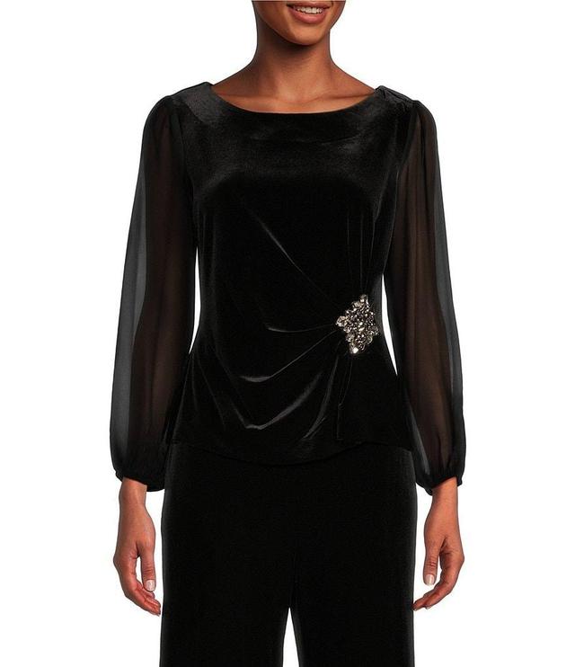 Alex Evenings Long Illusion Sleeve Scoop Neck Embellished Waist Stretch Velvet Blouse Product Image