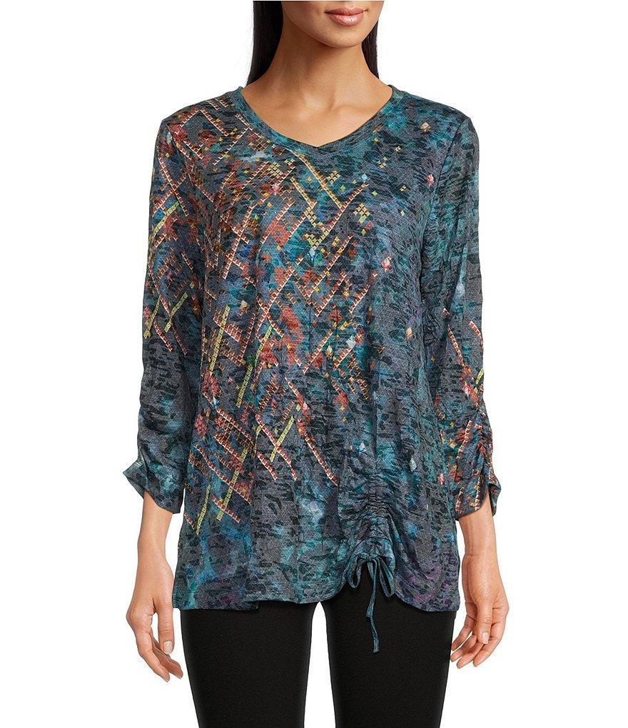 Ali Miles Abstract Print Crinkle Burnout Knit V Neckline Drawstring Front 3/4 Sleeve Tunic Product Image