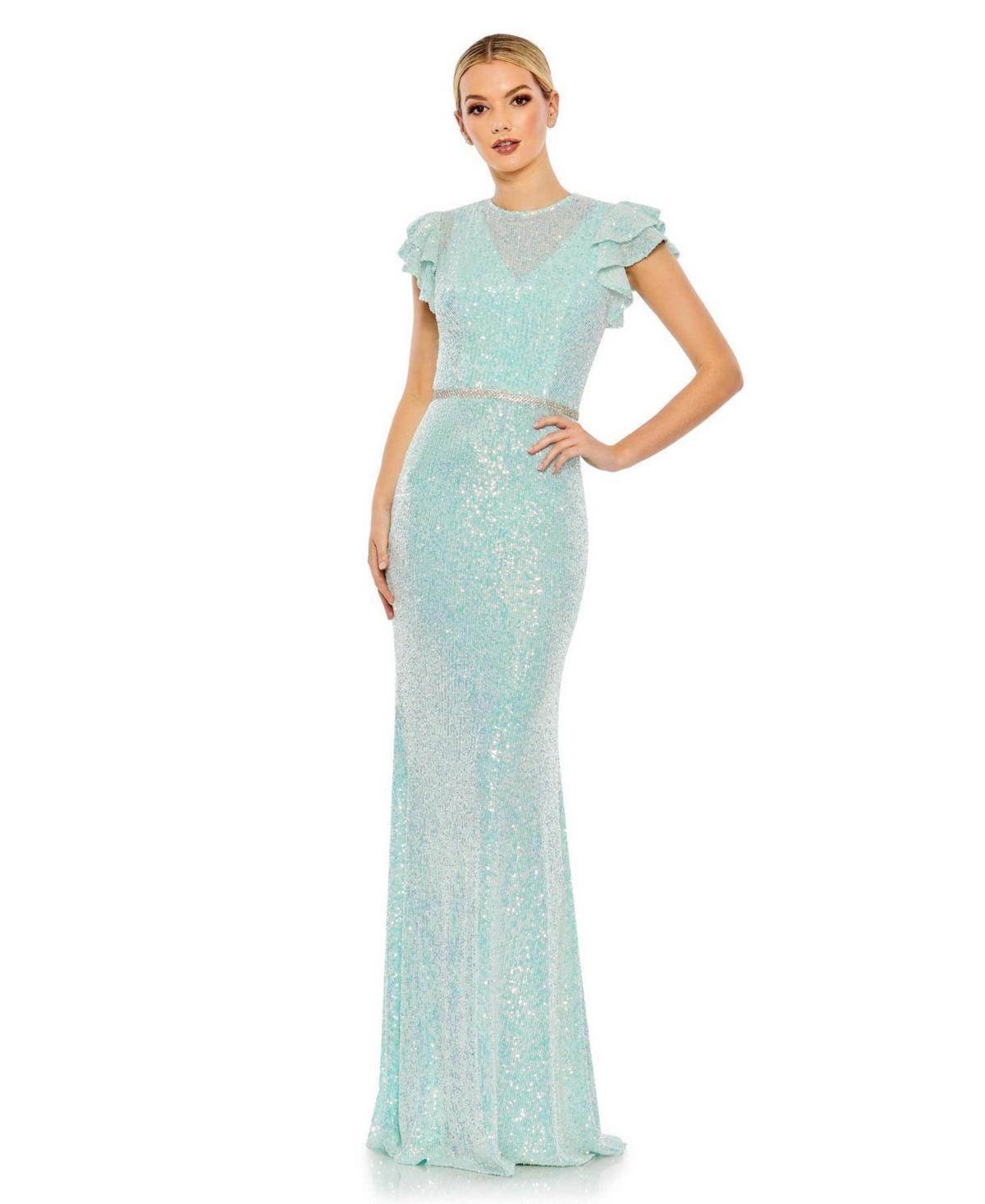 Womens Ieena Sequined High Neck Flutter Sleeve Gown Product Image