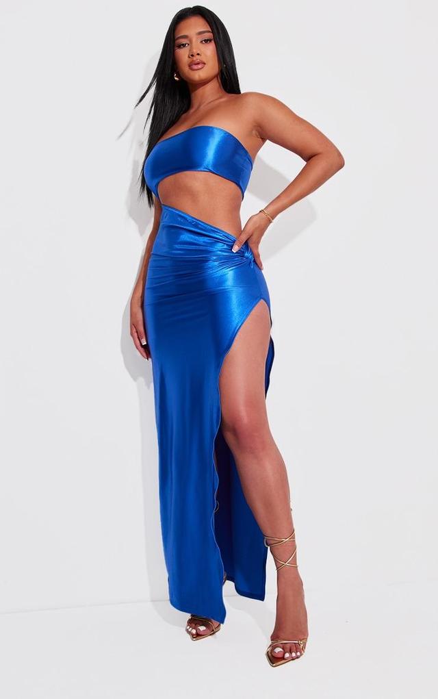 Shape Bright Blue Stretch Satin Bandeau Cut Out Split Detail Maxi Dress Product Image