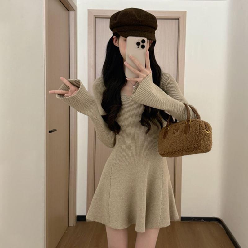 Long Sleeve V-Neck Plain Ribbed Knit Mini A-Line Dress Product Image