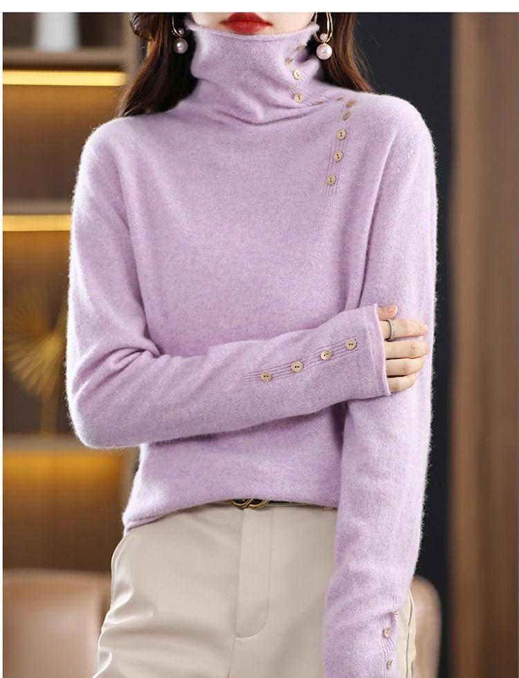 Long-Sleeve Turtleneck Button Accent Knit Top Product Image