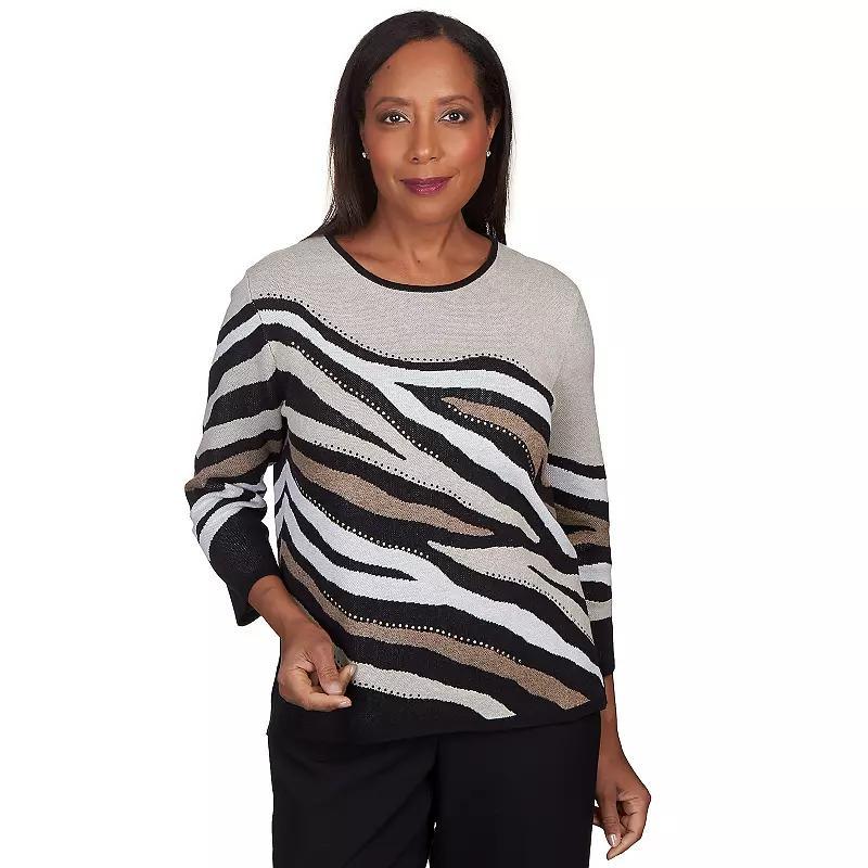 Petite Alfred Dunner Zebra Stripe Jacquard Crewneck Sweater, Womens Product Image