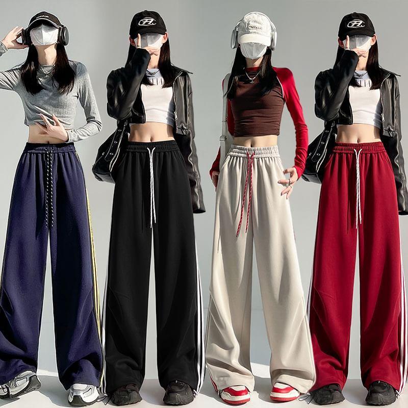 Drawstring Waist Striped Trim Wide Leg Sweatpants Product Image