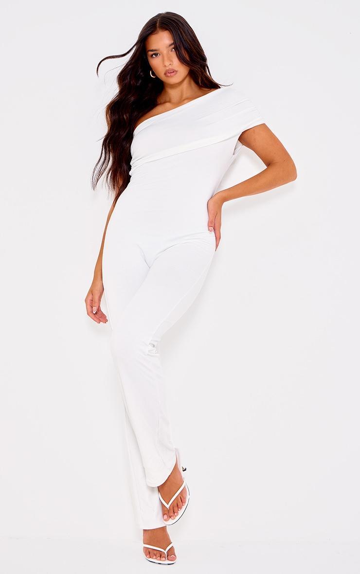 Cream Double Layer Contour Jersey Asymmetric Ruched Detail Jumpsuit Product Image