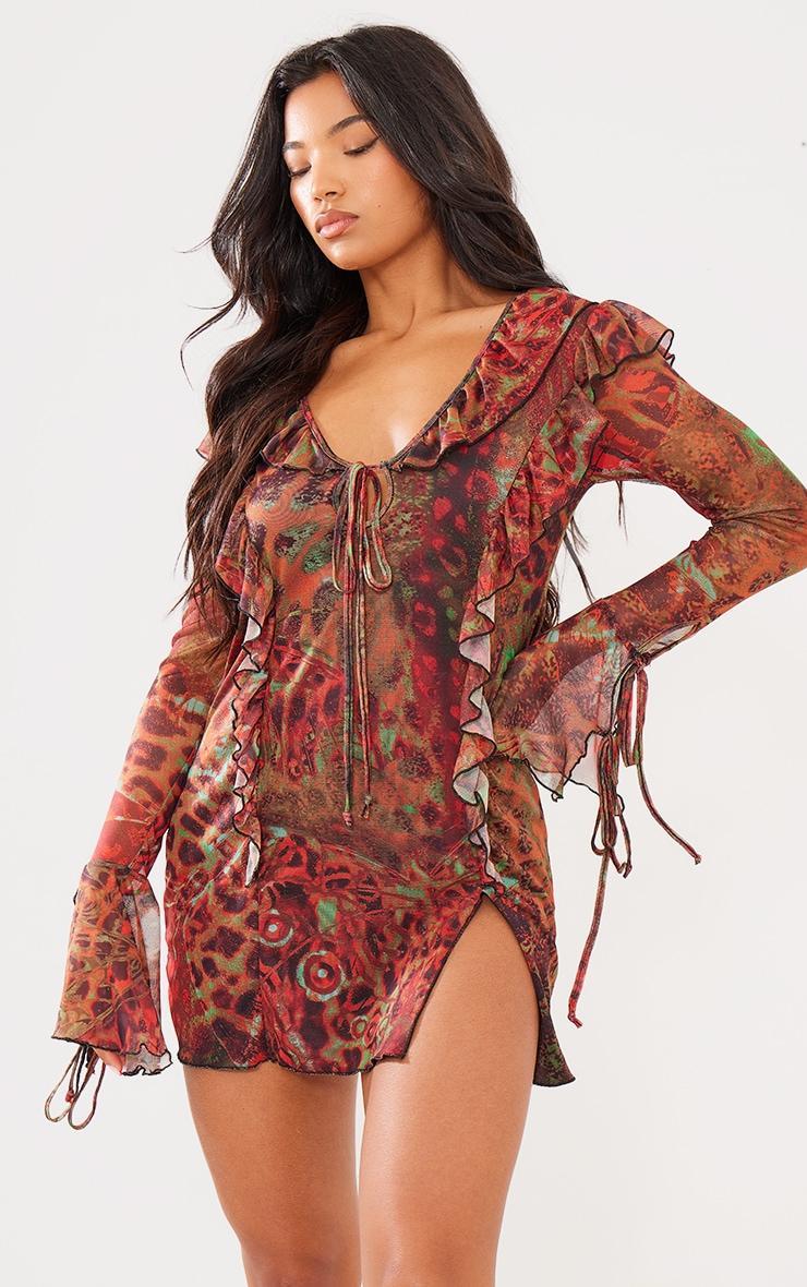 Brown Abstract Printed Double Mesh Long Sleeve Shift Dress Product Image