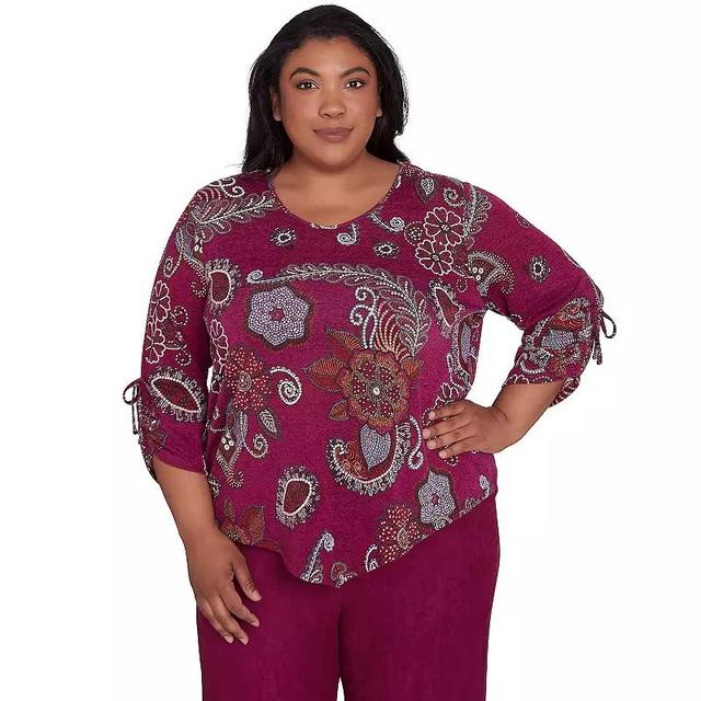 Plus Size Alfred Dunner Three Quarter Drawstring Sleeves Floral V-Neck Top, Womens Product Image