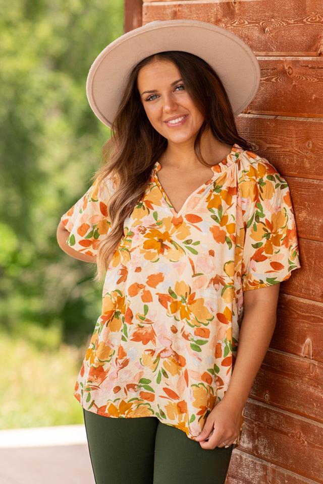 Orange Multicolor Floral Print Notch Neck Top Product Image