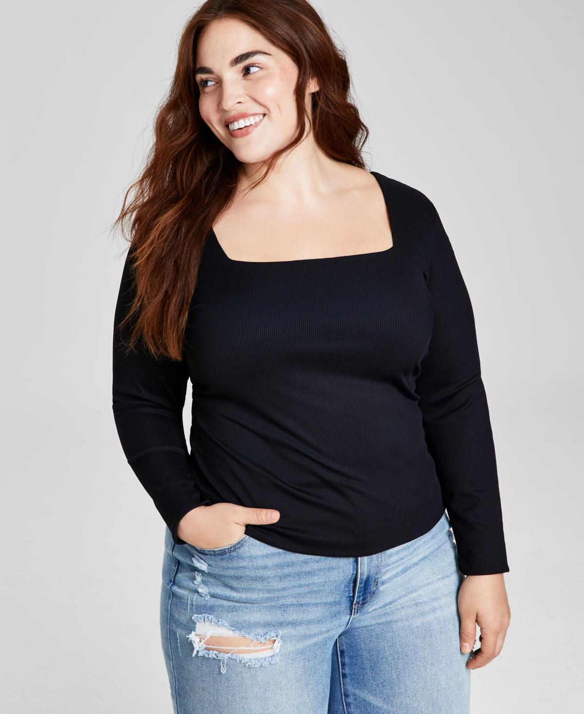 And Now This Trendy Plus Size Square-Neck Long-Sleeve Top Product Image