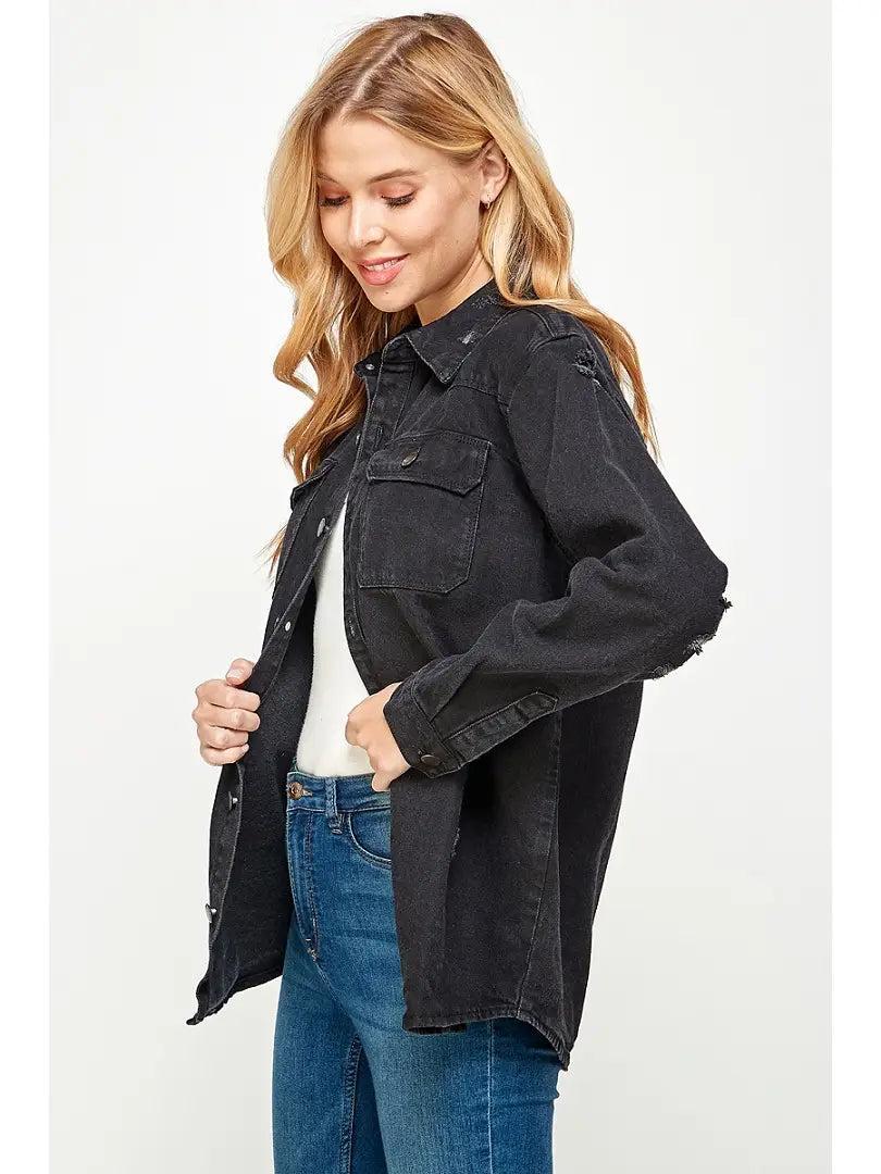 Women's Black Denim Distressed Jacket Female Product Image