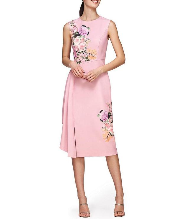 Kay Unger Mabel Stretch Crepe Floral Placement Crew Neck Sleeveless Side Ruffle Midi Dress Product Image