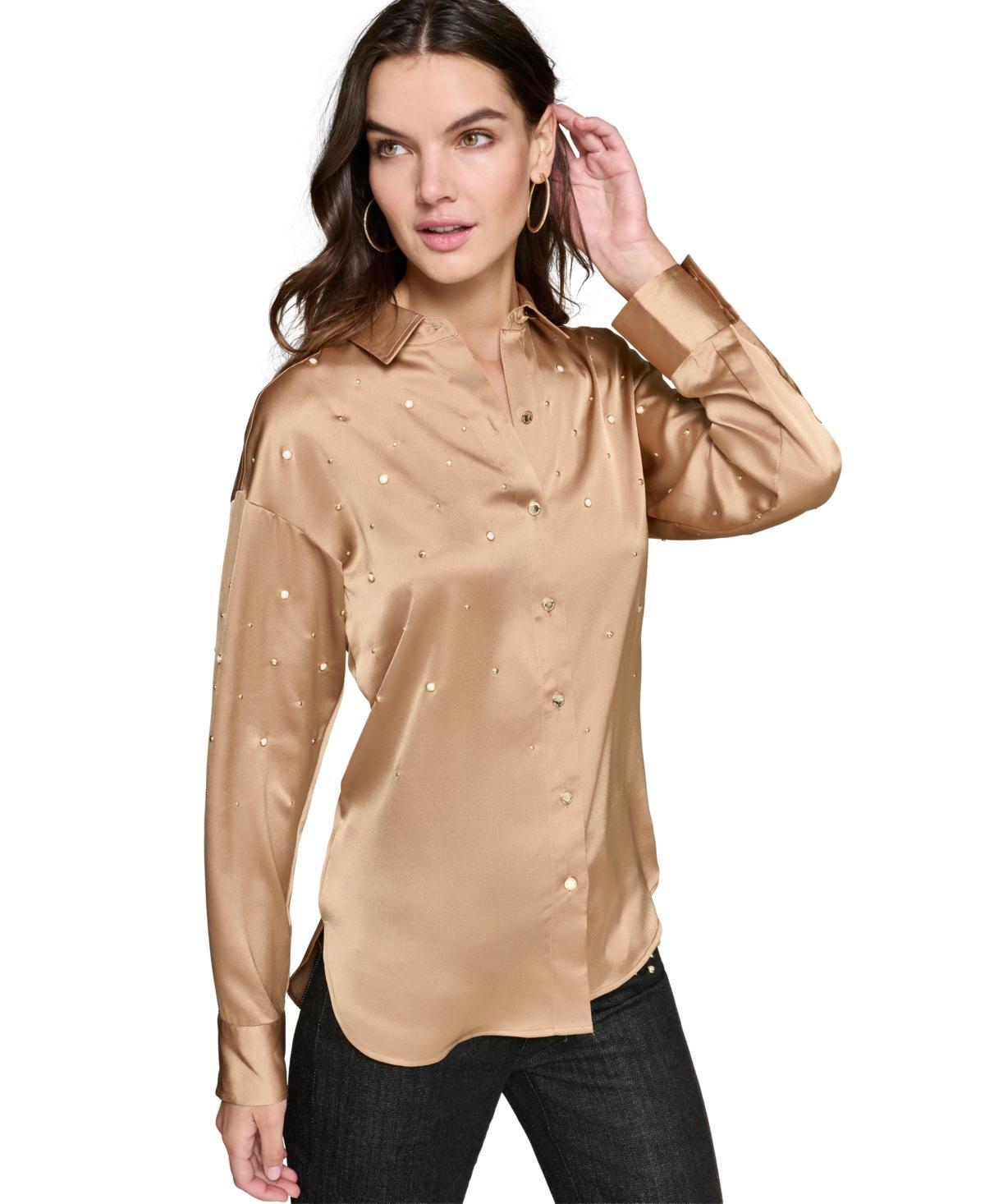 Karl Lagerfeld Paris Womens Imitation-Pearl Satin Button-Front Top Product Image