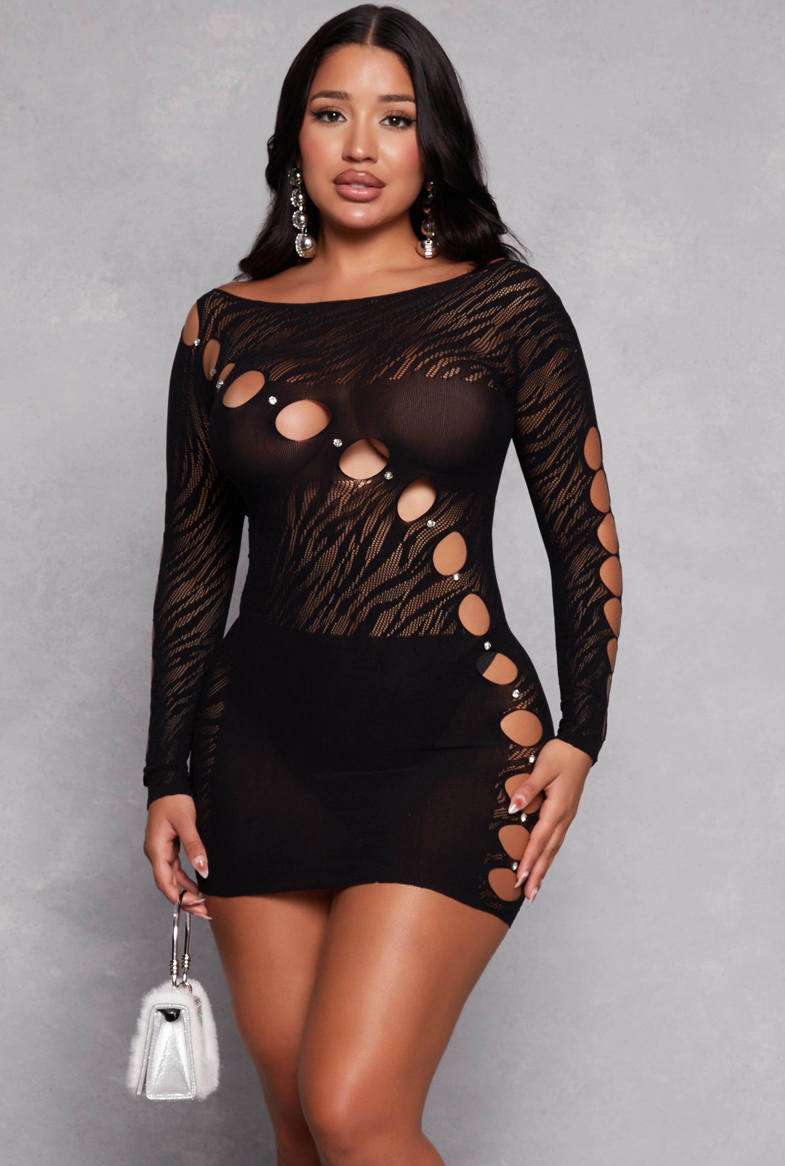 Womens Seamless Rhinestone Laser Cut Mini Dress product image