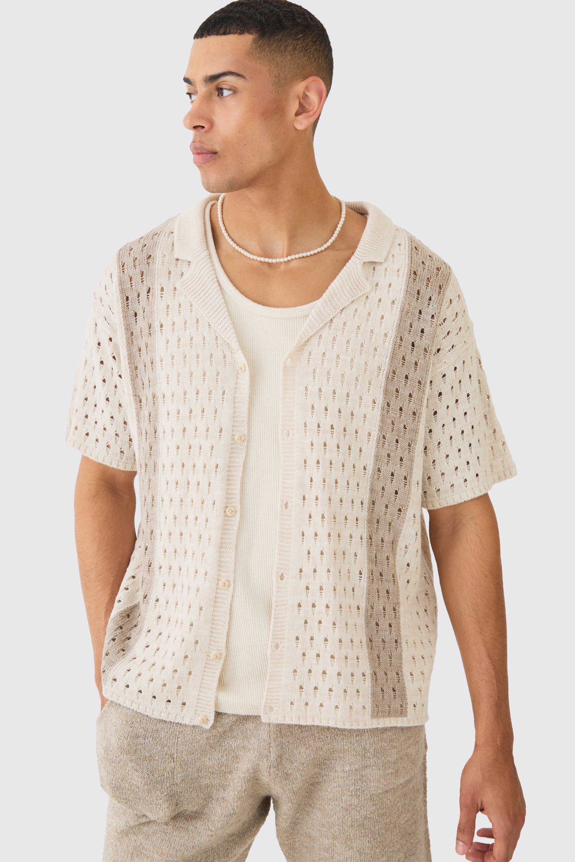 Mens Cream Oversized Boxy Open Stitch Stripe Knit Shirt In Ecru, Cream Product Image