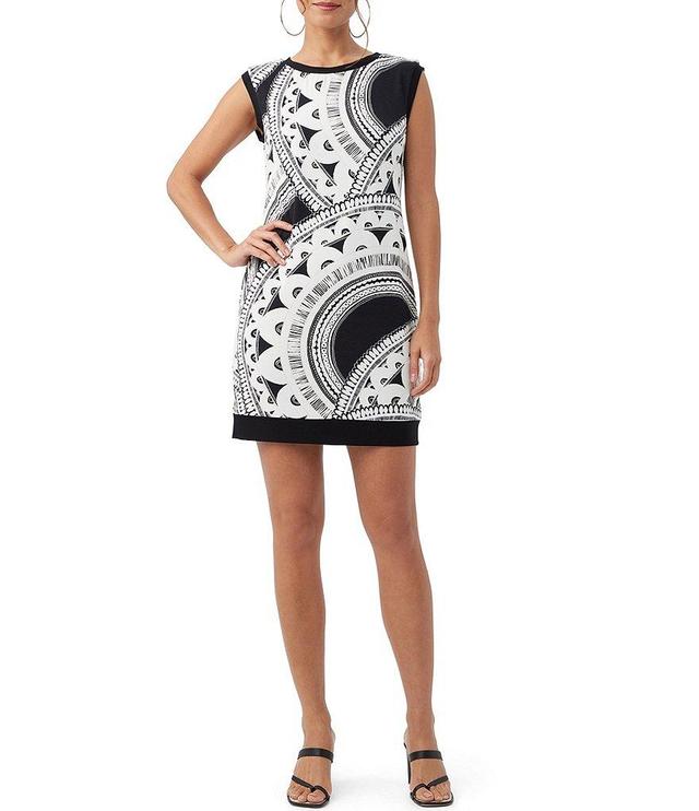 Trina Turk Zinnia Knit Jersey Art Deco Print Round Neck Sleeveless Shift Dress Product Image