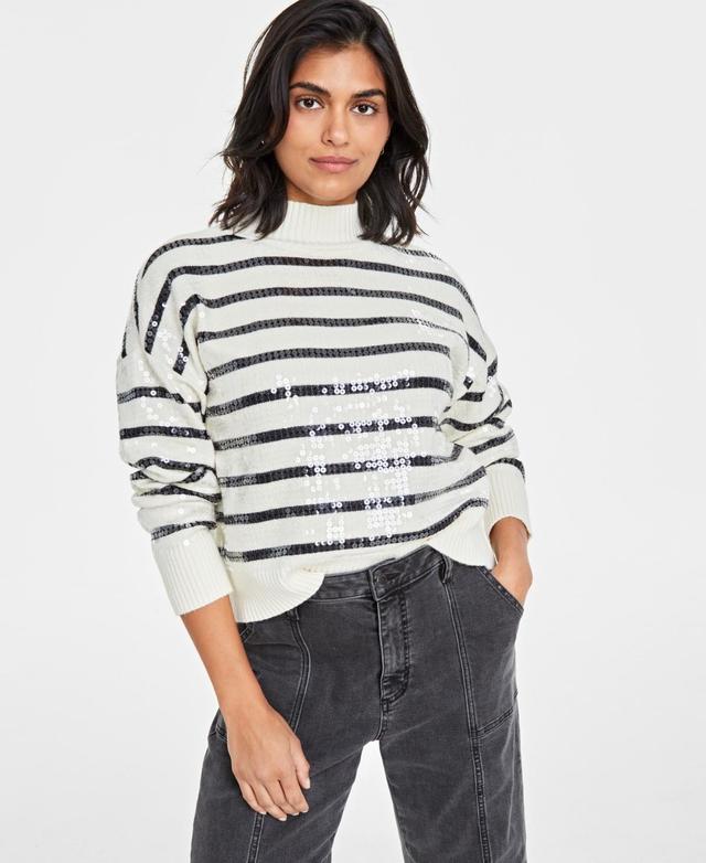 On 34th Womens Sequined Striped Mock-Neck Sweater, Created for Macys Product Image