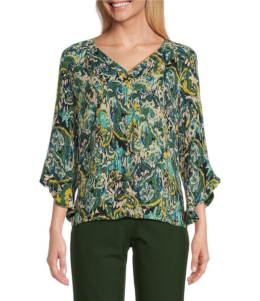 Investments Etched Paisley Print Woven Faux Button Front V-Neck 3/4 Flare Ruffle Sleeve Top Product Image