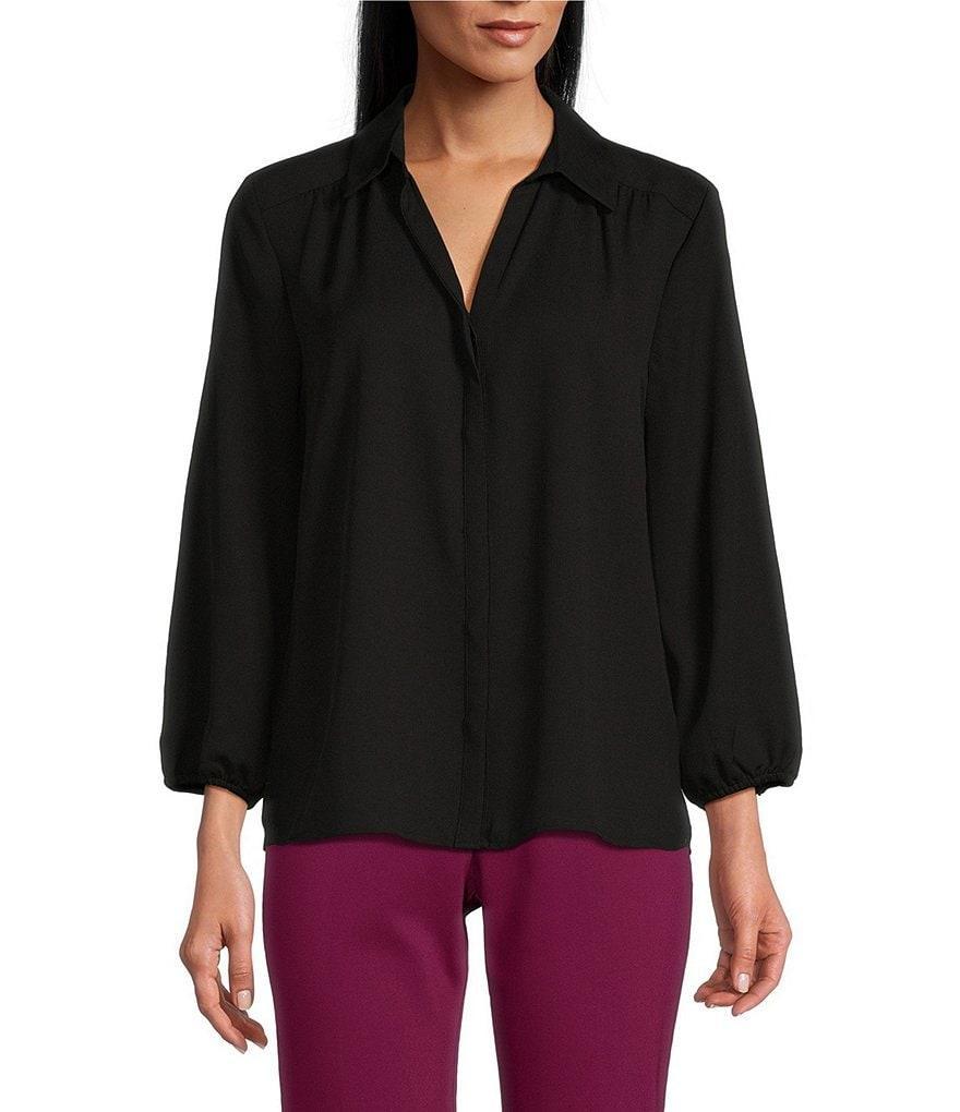 Investments Woven Point Collar 3/4 Sleeve Button Front Top Product Image