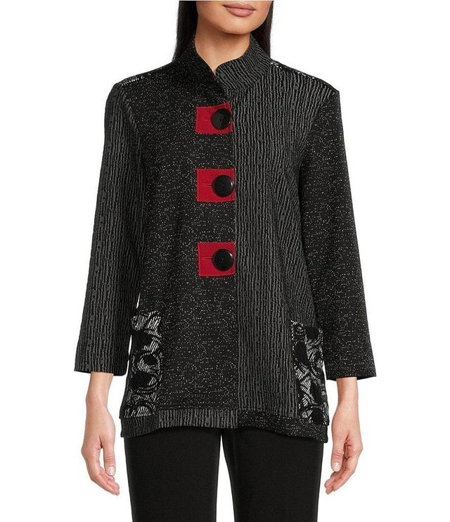 Ali Miles Stretch Knit Jacquard Mix Print Mandarin Collar Long Sleeve Button-Front Jacket Product Image