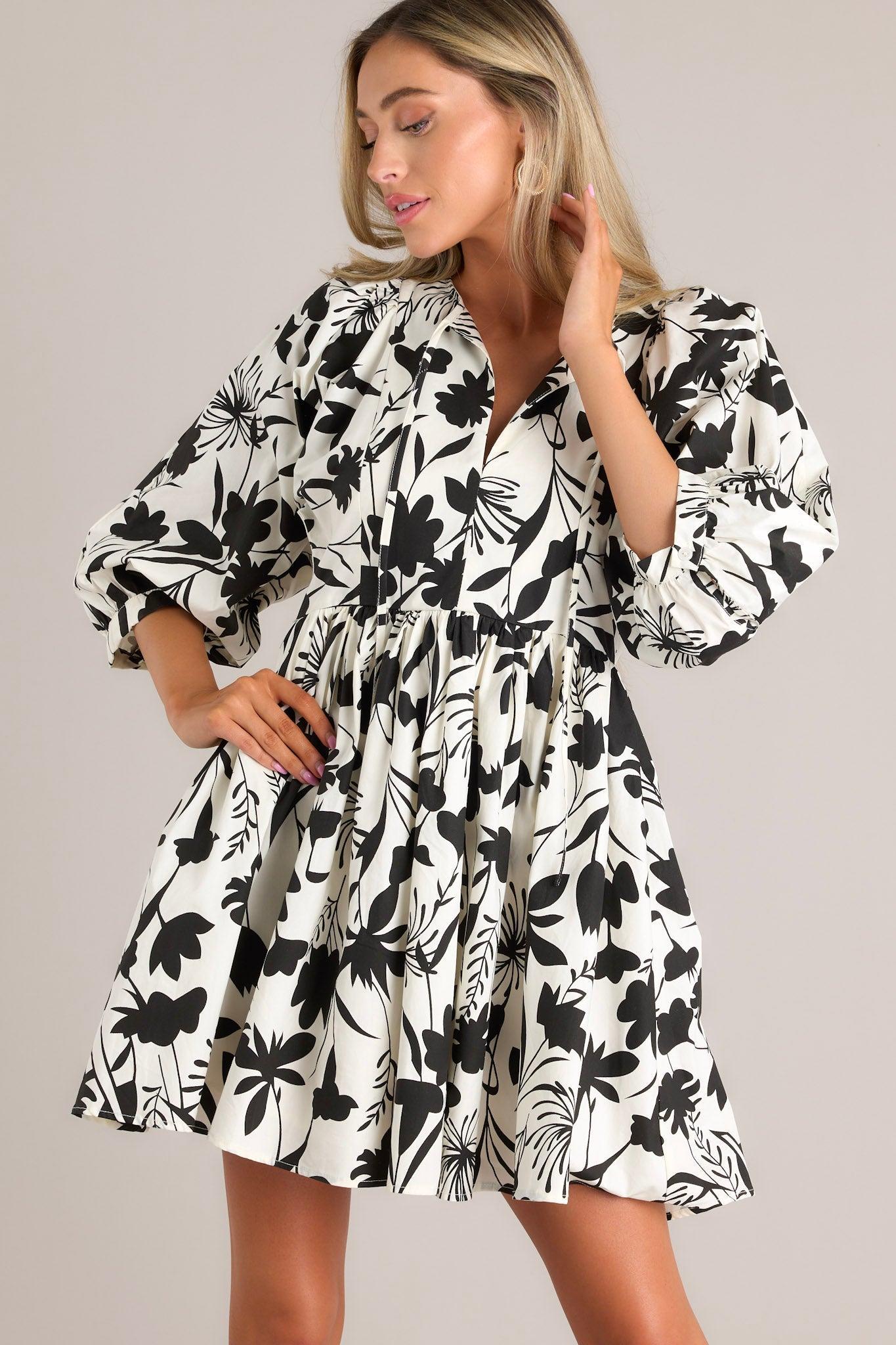 Chasing Sunsets 100% Cotton Black & White Floral Mini Dress Product Image