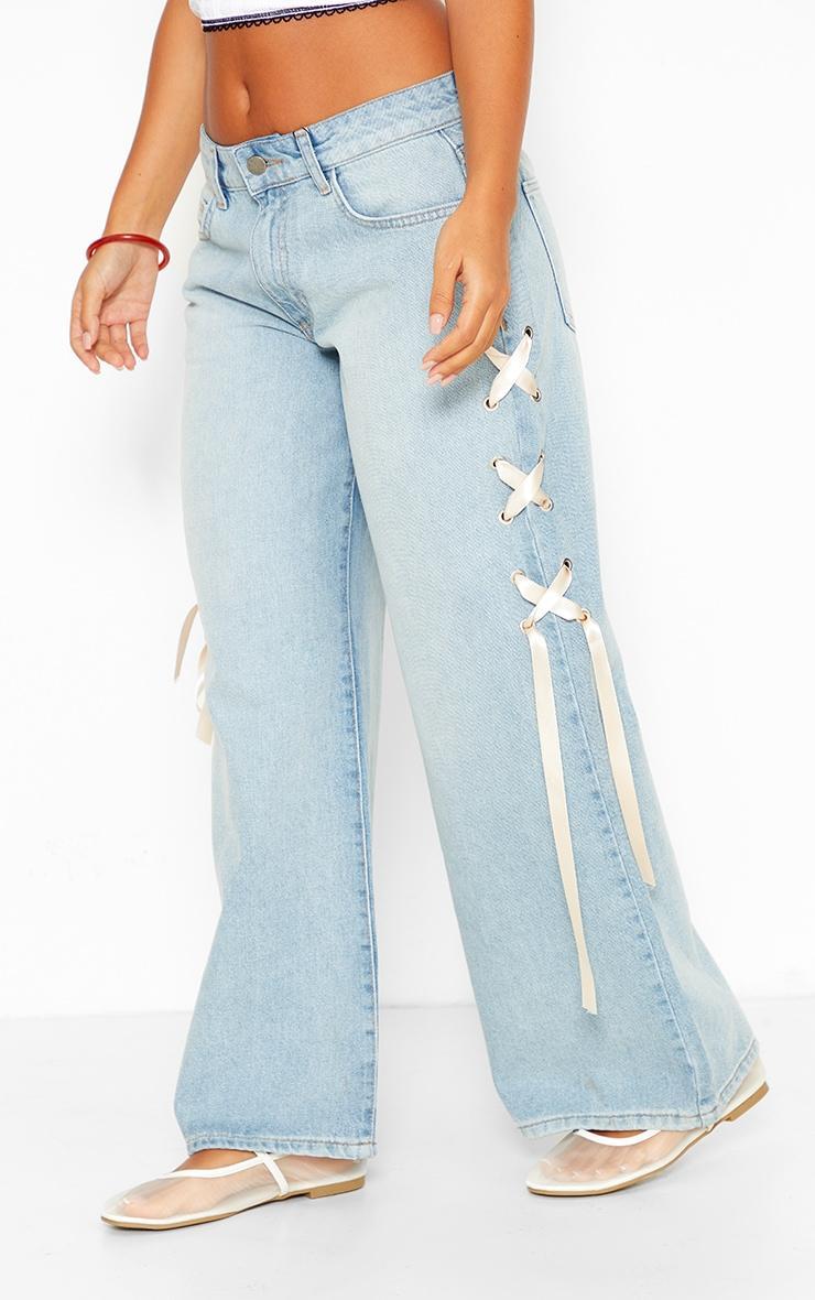 Petite Light Blue Wash Ribbon Lace Up Detail Wide Leg Jeans Product Image