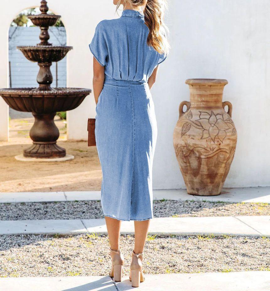 Short-Sleeve Collared Washed Tie-Waist Ruched Midi Sheath Denim Shirt Dress Product Image