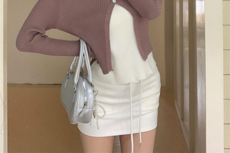 Mock Two-Piece Long-Sleeve Halter Two Tone Ribbed Button Knit Top Product Image