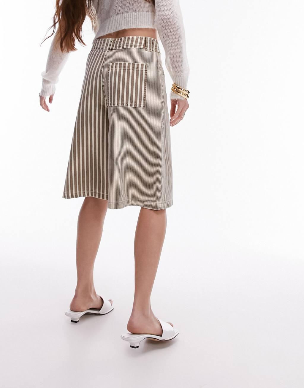 Topshop patchwork stripe long shorts in brown Product Image