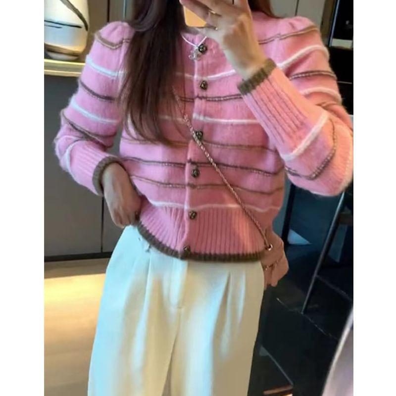 Round Neck Striped Button Up Crop Cardigan Product Image