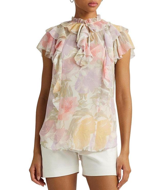 Lauren Ralph Lauren Rulmay Floral Ruffle V-Neck Short Flutter Sleeve Blouse Product Image