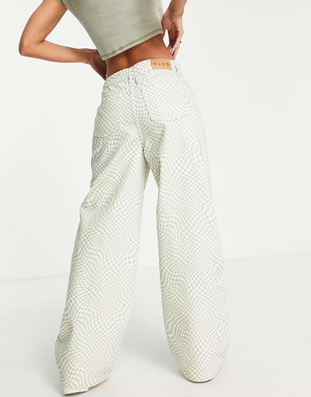 NA-KD wide leg jeans in green checkerboard print Product Image