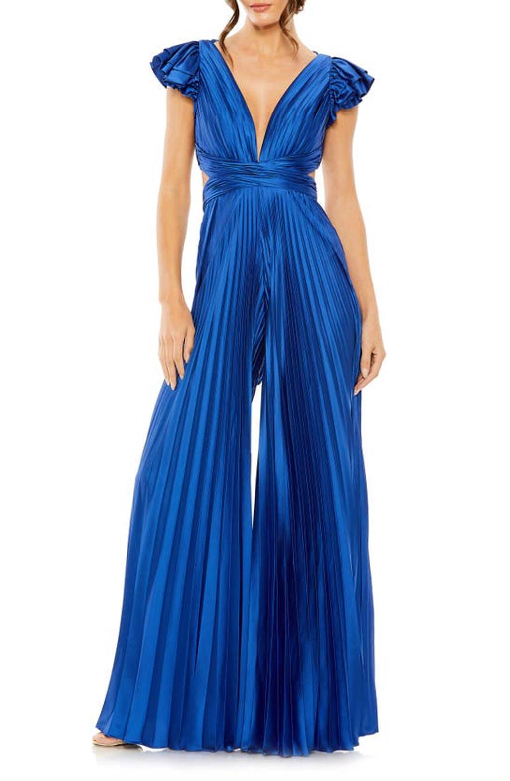 Ruffle Cap Sleeve Cutout Heat Pleated Jumpsuit In Cobalt Product Image