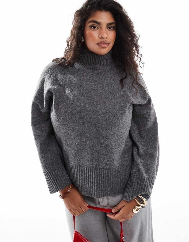 ASOS DESIGN Curve knitted high neck sweater with turn back cuffs in charcoal Product Image