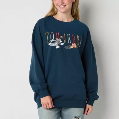 Juniors Embroidered Oversized Womens Crew Neck Long Sleeve Tom and Jerry Sweatshirt Product Image