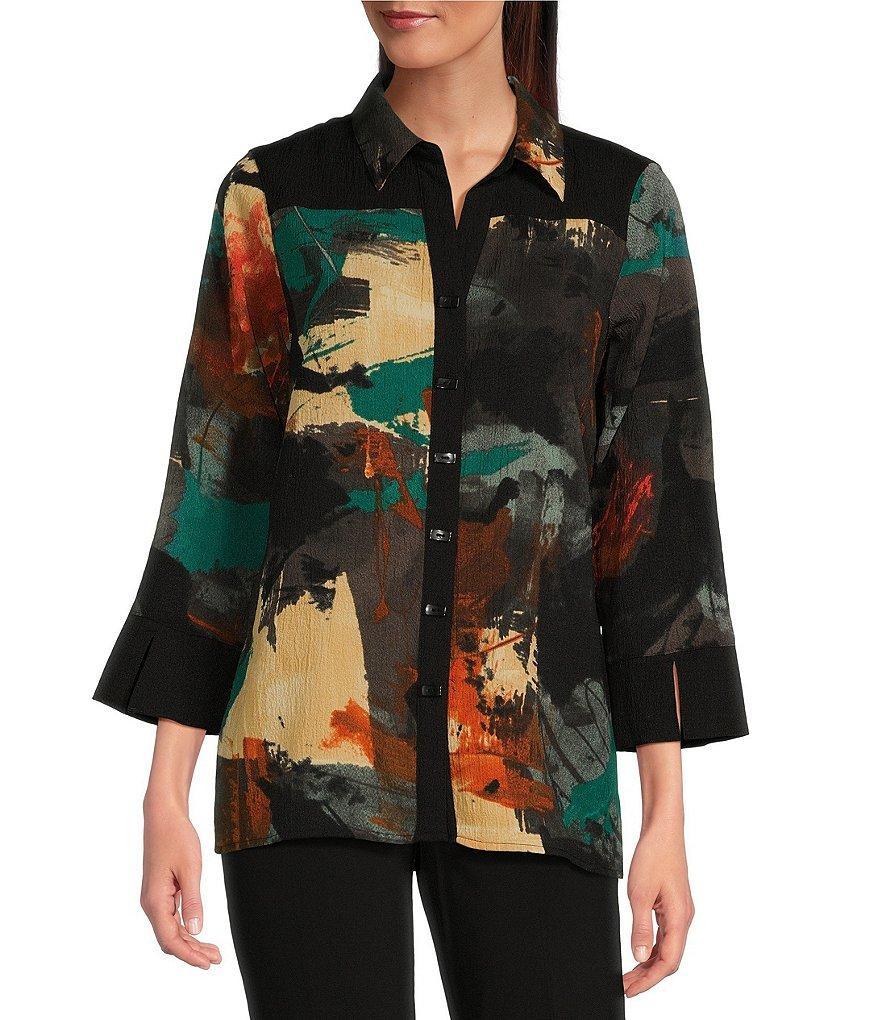 Ali Miles Woven Abstract Print Point Collar 3/4 Sleeve Button-Front Tunic Product Image