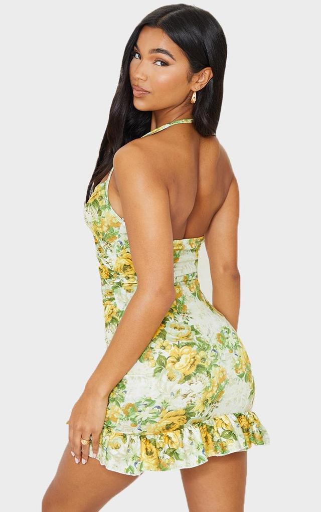 Yellow Floral Print Cut Out Frill Hem Halterneck Shift Dress Product Image