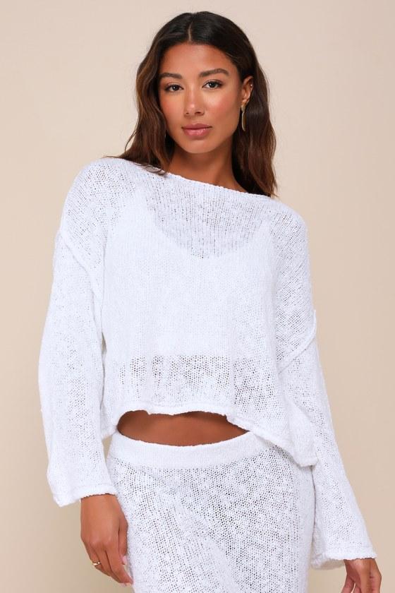 Inez White Loose Knit Boat Neck Sweater Top Product Image