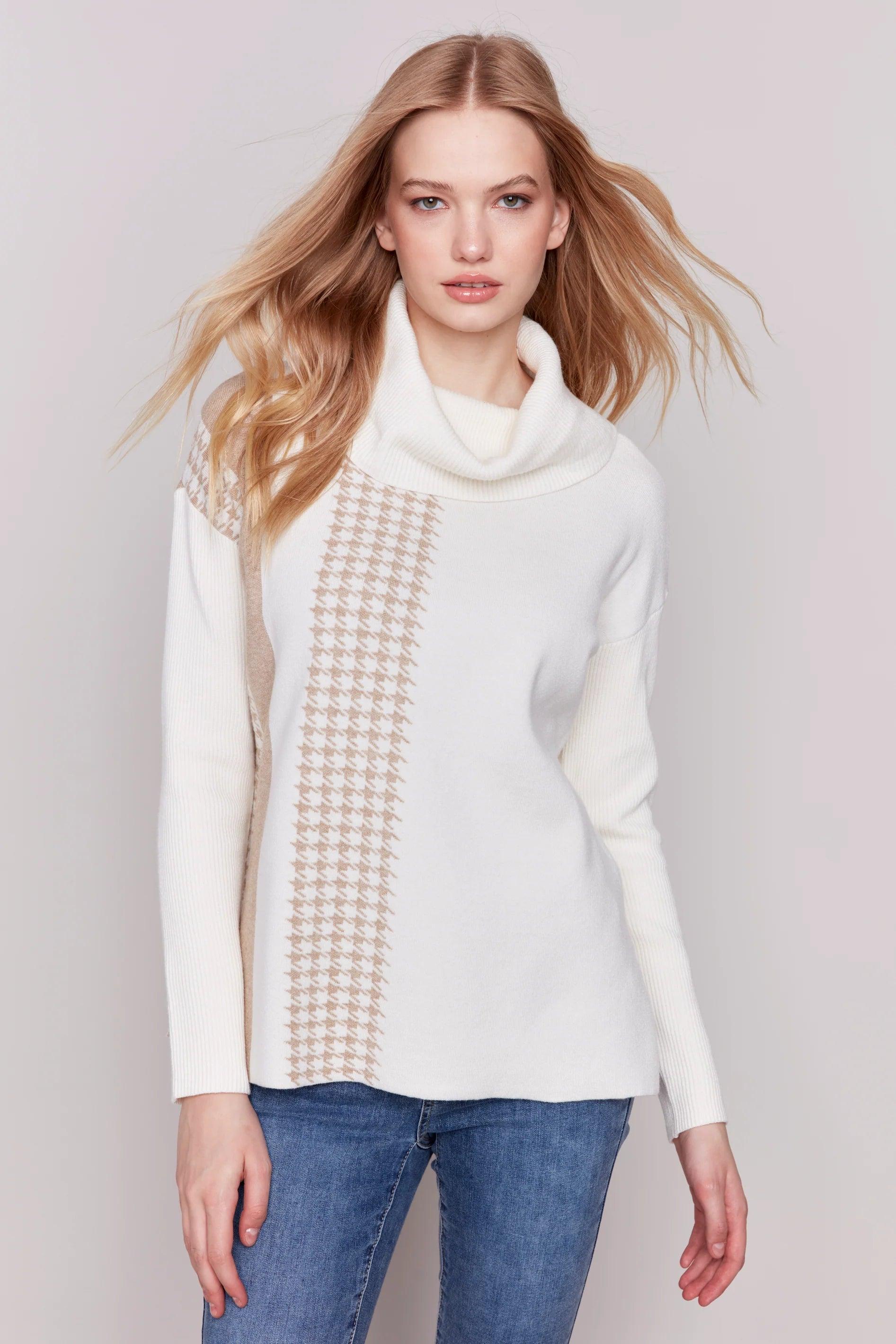 Ecru and Houndstooth Cowl Neck Sweater product image