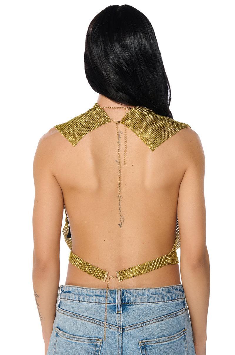 GLISTEN OPEN BACK RHINESTONE CHAIN MAIL TOP IN GOLD Product Image