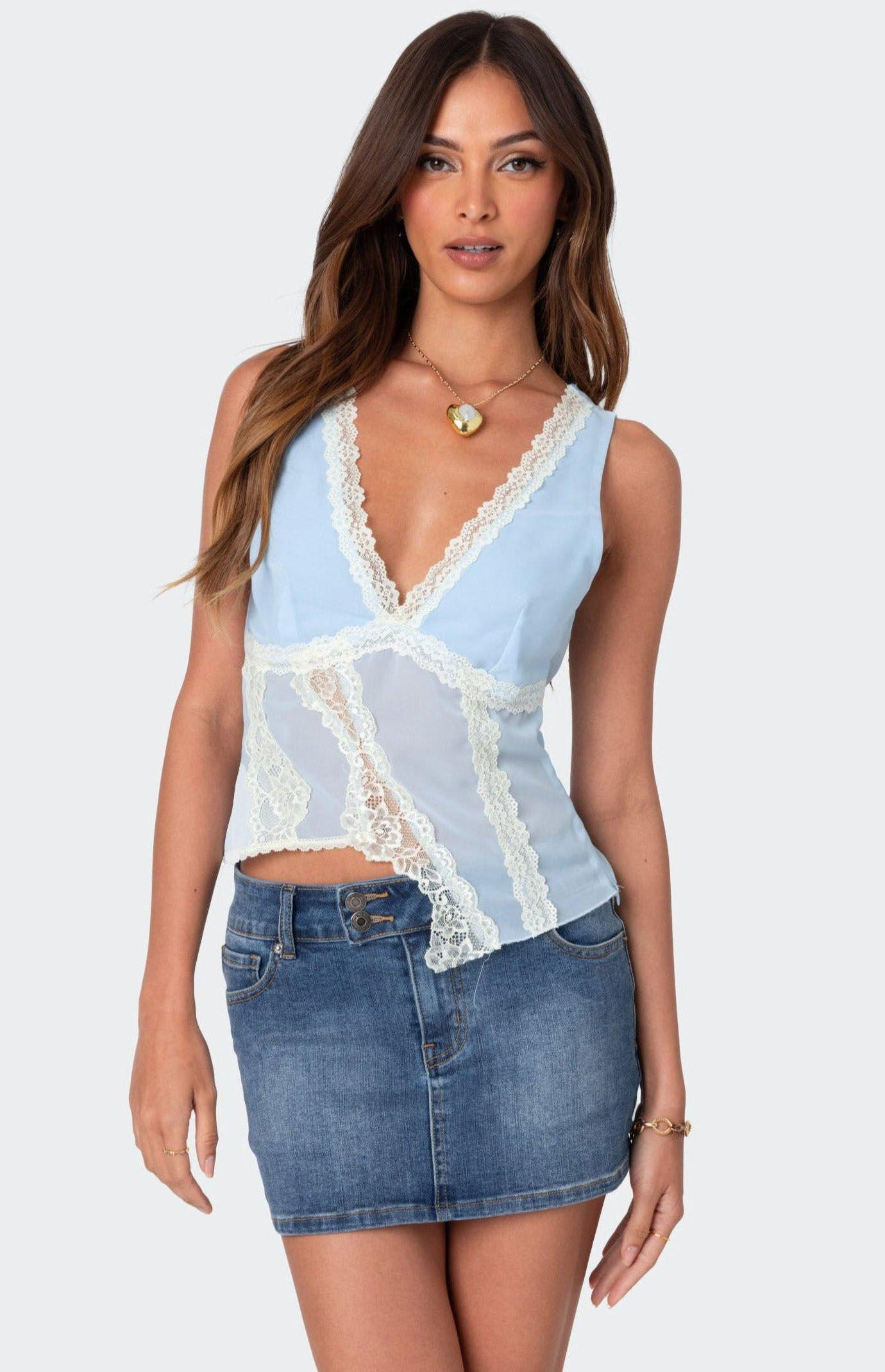 Edikted Women's Chiffon & Lace Sheer Asymmetric Top Product Image